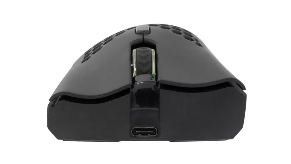 Herná bezdrôtová myš White Shark WGM-5012 Lionel Black na bielom pozadí zobrazujúca ergonomický dizajn a RGB podsvietenie